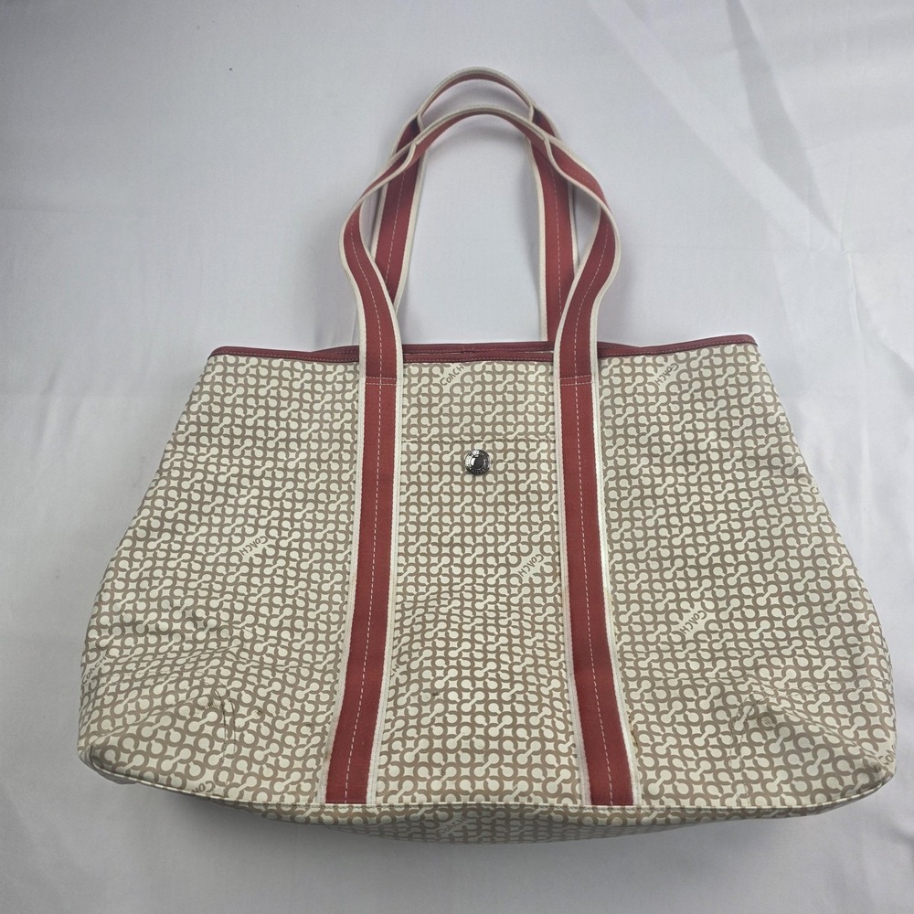 Coach Tote Bag Womens Large Beige Logo Canvas Red Strap Shoulder Casual Purse